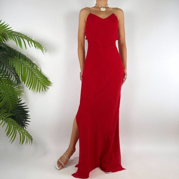 Vintage 90s Niki Livas Red Spaghetti Strap Prom Evening Gown Maxi Dress / Size 4 - Picture 4 of 8